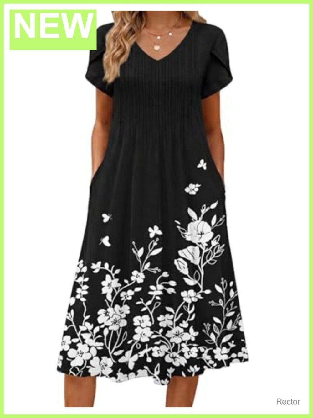 Women's Casual Summer Midi Dress Pleated A-Line Flowy Sundress with Pockets